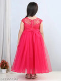 Pink embroidered net party gown for girls, full-length with toy balloon design and short sleeves. Size: 2-3 years, India origin