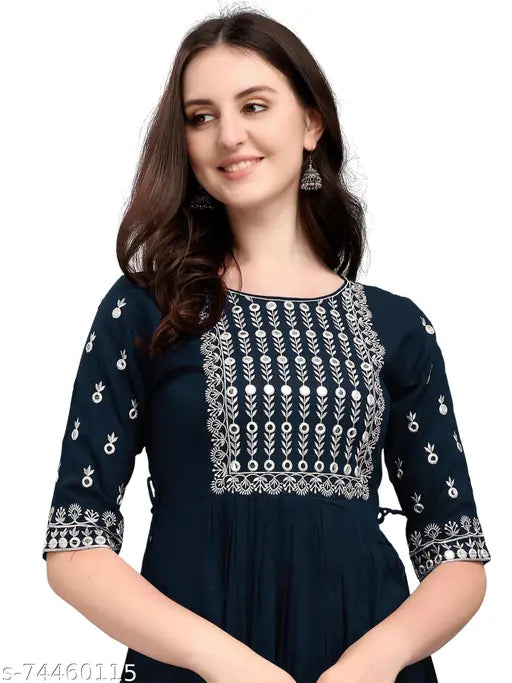 Stylish embroidered rayon kurti, relaxed fit in classic colors, suitable for work or party wear