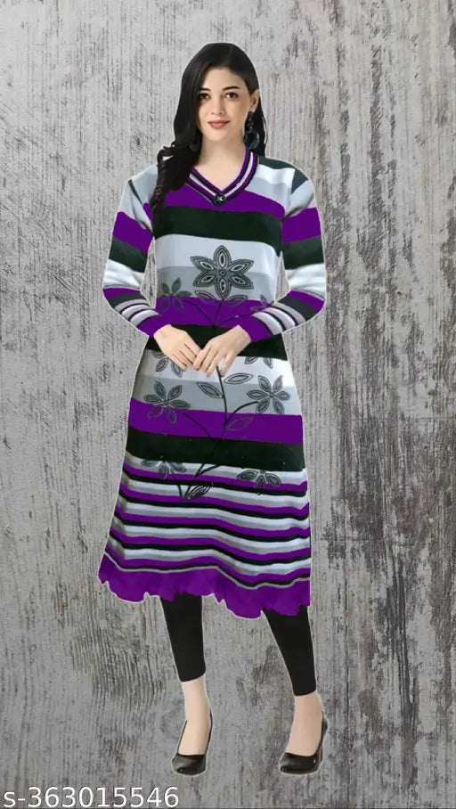 Woolen printed kurta, long sleeves, daily wear for winter, sequin embroidery, women's fashionable clothing