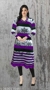Woolen printed kurta, long sleeves, daily wear for winter, sequin embroidery, women's fashionable clothing