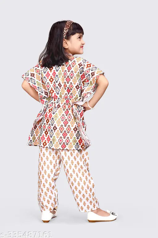 Cotton girl kaftan set with harem pants, printed A-line top, three-quarter sleeves. Indian ethnic wear for kids in various sizes and good quality