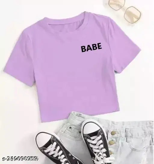 Lavender cotton blend women's crop half sleeve t-shirt with printed net design, short sleeves and XS to XL sizes available