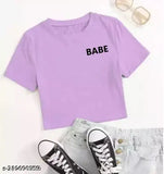 Lavender cotton blend women's crop half sleeve t-shirt with printed net design, short sleeves and XS to XL sizes available