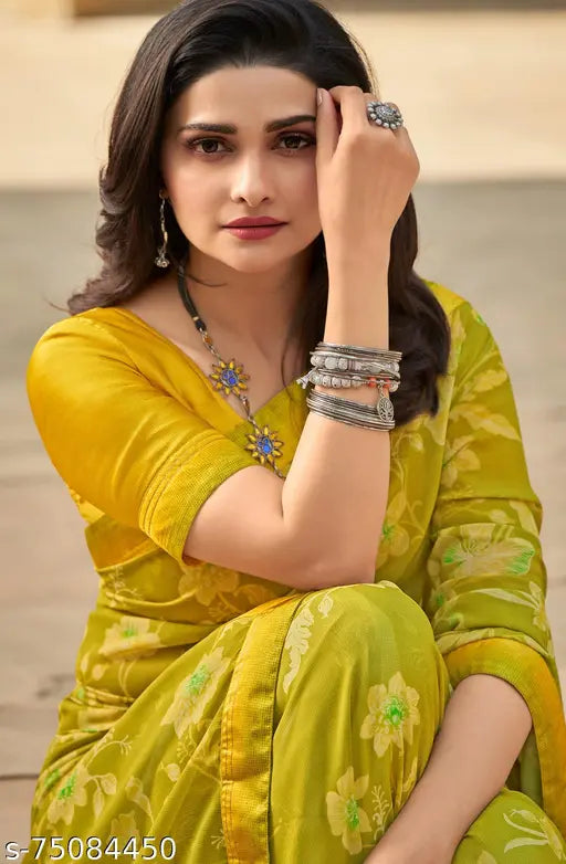 Unique printed georgette saree with separate blouse piece in vibrant design, India-made