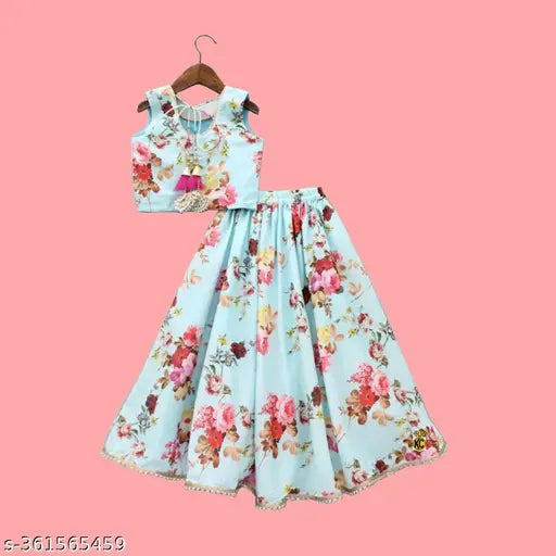 Girl in laughing floral lehenga set, sleeveless polyester choli with tissue dupatta