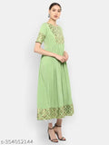 Light green poly crepe flared kurta with gold print, three-quarter sleeves, and solid pattern for women. XS (bust size: 34in, size length: 54in), S (bust size: 36in, size length: 54in). Indian ethnic wear on mannequin