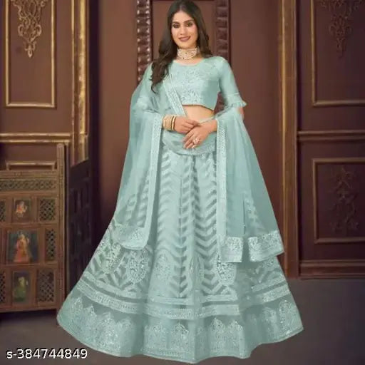 Embroidered net lehenga-choli set for EID, semi-stitched (size 42m x 44m, 2.2m dupatta), Indian craftsmanship