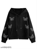 Trendy fleece full sleeve zipper printed hooded jacket for women, fashionable and cozy women's outerwear on model