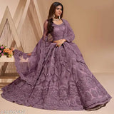 Trendy net embroidered lehenga-choli set, embellished for women's festive party wear, semi-stitched (waist 44in, length 42in). Indian-origin net dupatta included