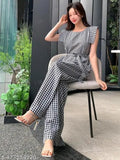 Checked cotton jumpsuit with short sleeves, size N, trendy outfit for women