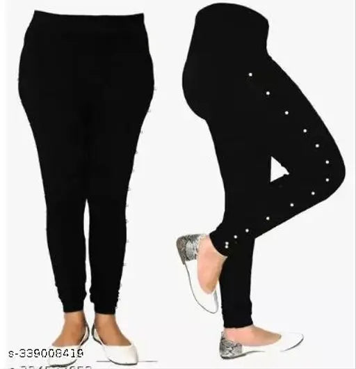 Black cotton-linen Moti jegging, stylish solid net heart print for women and girls. Comfortable, lightweight, and targeted for the low price segment. Made from hosiery cotton waste recycled fabric
