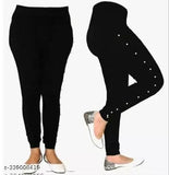 Black cotton-linen Moti jegging, stylish solid net heart print for women and girls. Comfortable, lightweight, and targeted for the low price segment. Made from hosiery cotton waste recycled fabric