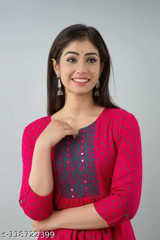 Rayon Buti Print Anarkali Kurtis with three-quarter sleeves, vibrant Indian embroidery on Rani color fabric