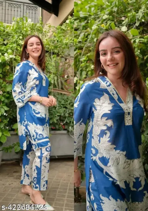Printed cotton SKY kurti pant set with three-quarter sleeves, pack of 2 in various sizes (M, L, XL, XXL) from Sana creation