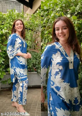 Printed cotton SKY kurti pant set with three-quarter sleeves, pack of 2 in various sizes (M, L, XL, XXL) from Sana creation