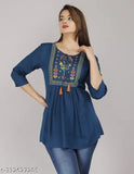Teal blue rayon short kurti with embroidered pattern, three-quarter sleeves for women, latest trending top from Suraj Pari Singh, Indian origin