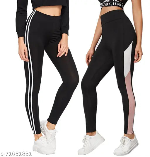 Striped Cotton Lycra yoga tights for women (pack of 2), comfortable and trendy workout wear made of cotton blend