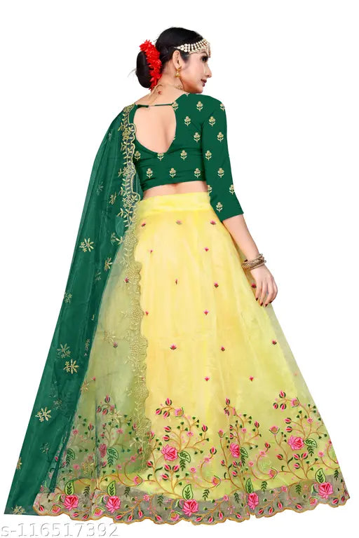 Embroidered taffeta silk and net lehenga choli with intricate thread work, semi-stitched for a custom fit (Lehenga: 43 in waist, 43 in length, Duppatta: 2.5 in length). Indian bridal wear featuring cut work border and heavy embroidery on both lehenga and dupatta
