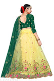 Embroidered taffeta silk and net lehenga choli with intricate thread work, semi-stitched for a custom fit (Lehenga: 43 in waist, 43 in length, Duppatta: 2.5 in length). Indian bridal wear featuring cut work border and heavy embroidery on both lehenga and dupatta