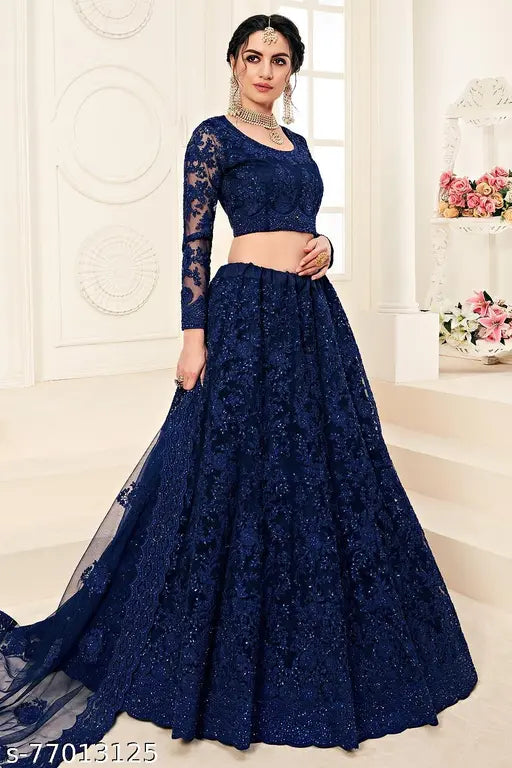 Designer net embroidered Lehenga Choli with matching dupatta, featuring intricate Indian embroidery on lightweight net fabric