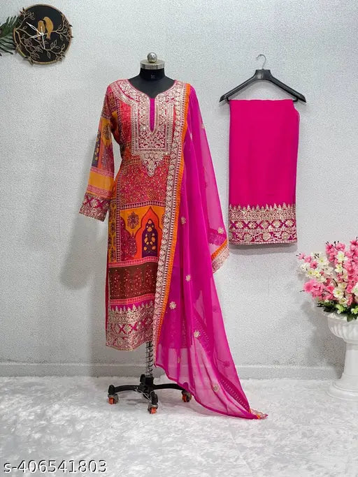 Heavy Pakistani Georgette Suit in embroidered net, long-sleeved kurta with dupatta. Indian designer wear." (98 characters)