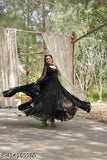 Raya black georgette gown, solid-pattern long sleeves evening wear for women, XS (34in bust, 14in shoulder)