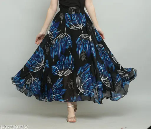 Black with blue print georgette long skirt, elegant women's fashion accessory on display