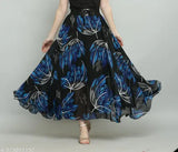 Black with blue print georgette long skirt, elegant women's fashion accessory on display