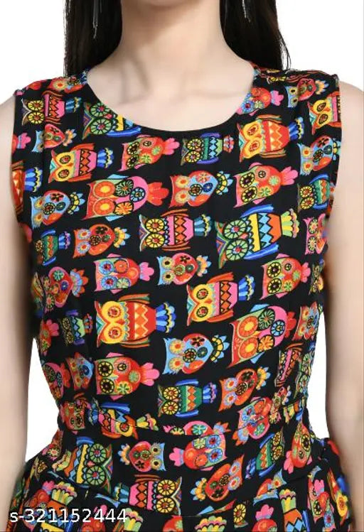 Owl-printed crepe sleeveless maxi jumpsuit for women, perfect for parties or special occasions