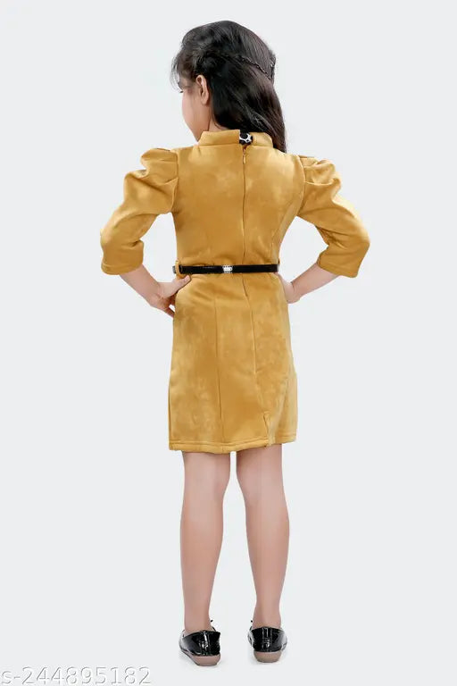 Suede polyester midi dress with front tie, fashionable printed net, three-quarter sleeves, zipper back, and belt, available in multiple sizes for girls aged 4-13 years. Indian-made yellow and pink dress for parties, casual wear, daily use