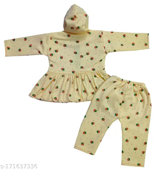 Woolen Kids Winter Hood frock and pyjama set in printed net pattern. Soft, cozy, and ideal for cold weather. Perfect choice for baby girls aged 0-24 months. Made in India