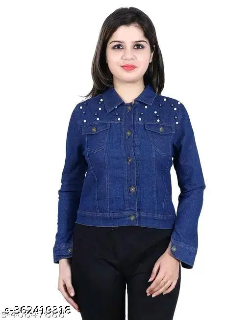 Stylish denim jacket for women/girls, solid color with long sleeves, comfortable fit from India