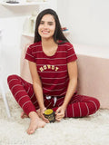 Maroon stripe print cotton top and pyjama nightsuit set for women, India-origin organic cotton sleepwear with short sleeves
