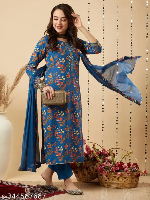Blue cotton blend floral printed straight kurta set with trousers and dupatta, three-quarter sleeves, India origin