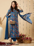 Blue cotton blend floral printed straight kurta set with trousers and dupatta, three-quarter sleeves, India origin