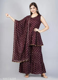 Hand-block printed rayon kurta set with sharara and dupatta, intricately embellished with gold details. Indian fashion essential. Made in India, size S-L
