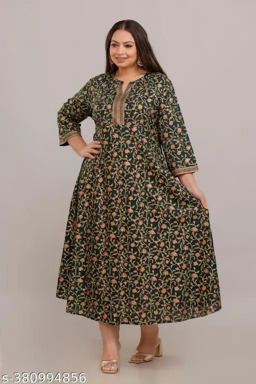 Green rayon plus size gown, three-quarter sleeves, printed combo, India origin