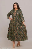 Green rayon plus size gown, three-quarter sleeves, printed combo, India origin