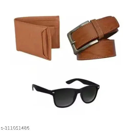Faux leather wallet, sunglasses, and belt set - men's combination in brown with textured pattern and 2 compartments, free size (10cm x 10cm) from India
