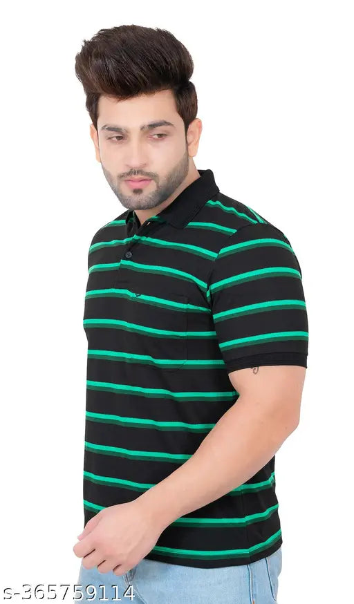 Blue striped breathable polyester polo t-shirt for men, short cuffed sleeves and chest pocket design