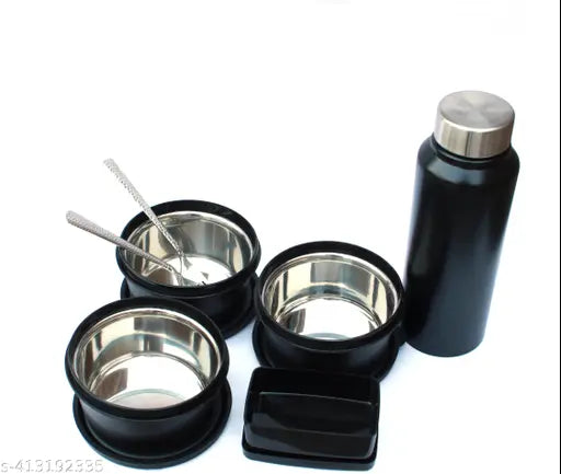 Stainless steel microwave safe lunch box set with 3 inner containers (400ml each), 1 steel bottle (750ml), pickle dibba, spoon, fork, and bag - Indian insulated, leak-proof, BPA-free airtight lids, dishwasher safe