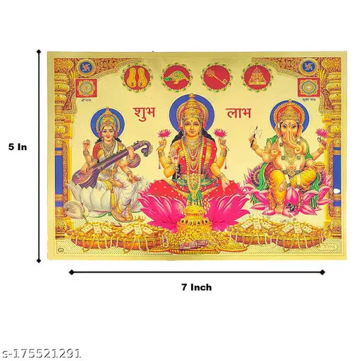 Gold-plated Indian Ganesha, Lakshmi, Saraswati photo poster for home office worship, 18x13cm