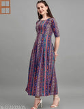 Women's multi-colored crepe A-line kurta with three-quarter sleeves, printed pattern on a slimming crepe fabric. India-made fashion piece for women in multiple sizes