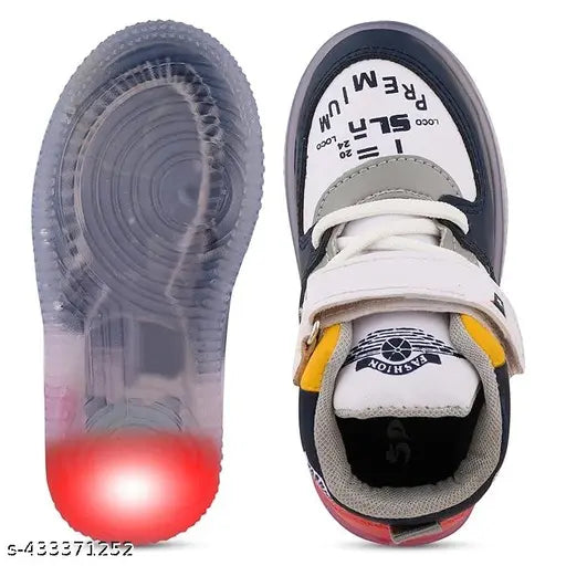 White synthetic leather and rubber LED light shoes for kids - comfortable, waterproof, and elegant, ideal for school wear