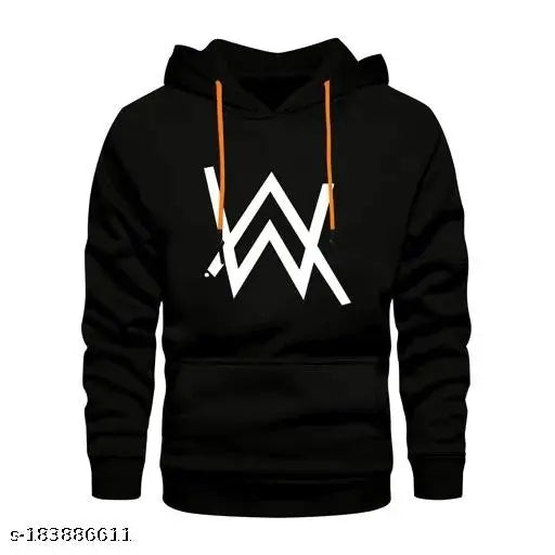 Black printed cotton hoodie, unisex Alan Walker design for teens. Varsity crew style with long sleeves