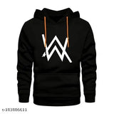 Black printed cotton hoodie, unisex Alan Walker design for teens. Varsity crew style with long sleeves
