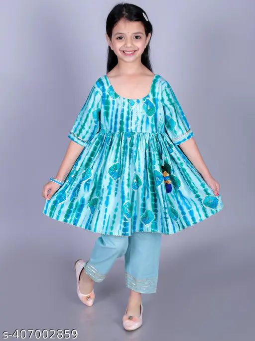 Green cotton tie-dye, golden foil print Anarkali/Flared Kurta & Pant Set for girls, soft and breathable fabric for all-day comfort. Indian clothing set with multiple sizes from 12 months to 9 years