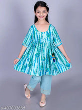 Green cotton tie-dye Anarkali flared kurta & pant set for girls, soft golden foil print design. Comfortable clothing set with three-quarter sleeves, suitable for casual wear and gentle machine wash. Material: 90% cotton, 10% polyester. Available in sizes 12-18 months to 9-10 years, made in India