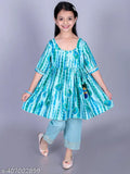Green cotton tie-dye, golden foil print Anarkali/Flared Kurta & Pant Set for girls, soft and breathable fabric for all-day comfort. Indian clothing set with multiple sizes from 12 months to 9 years