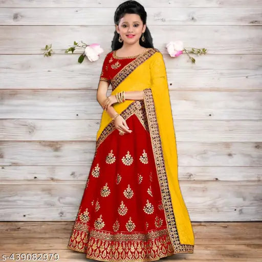 Embroidered cotton silk lehenga choli dress with net dupatta, short sleeves, for kids 0-15 years, Indian traditional attire on display